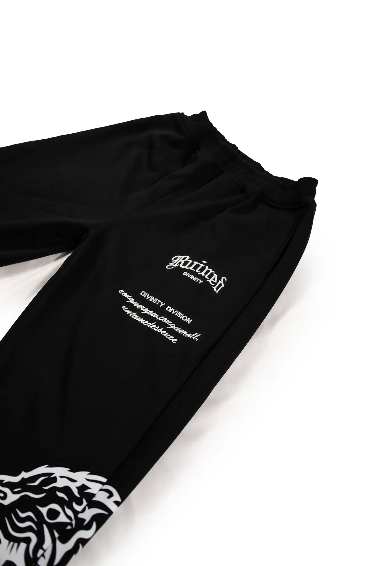 Tiger graphic and specification text on the leg